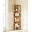 Étagère de coin à cinq niveaux avec rangement intégré, présentoir mural d'angle pour salon, chambre et bureau, finition chêne robuste