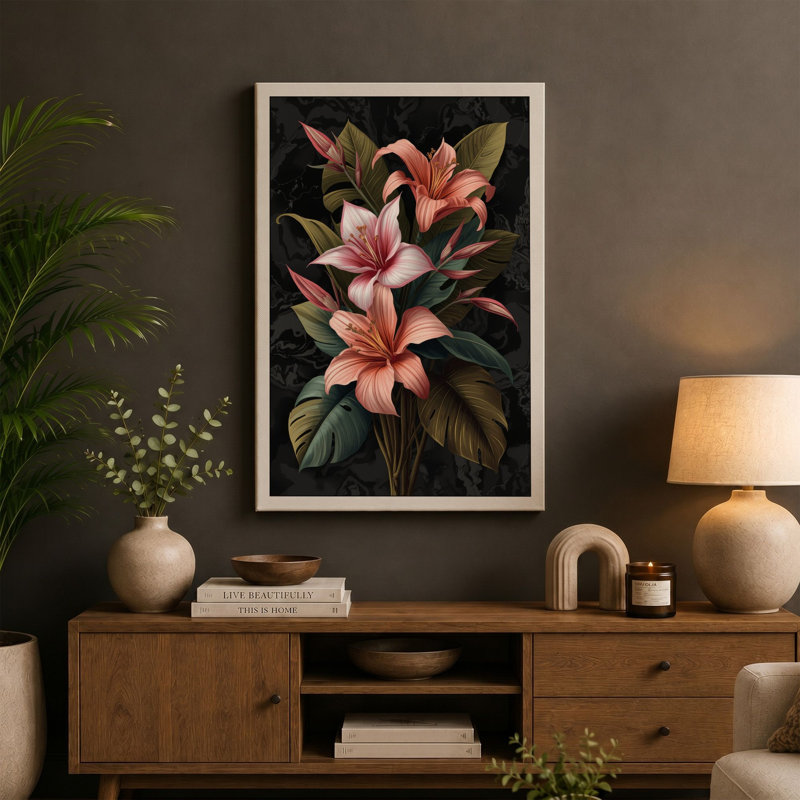 Lilies in Bloom Botanical - Wrapped Canvas, 18x12 - 45.7 x 30.5 cm, Black Border