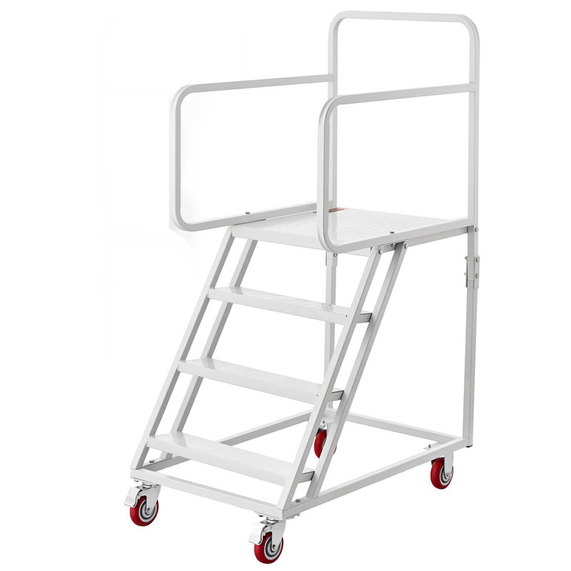 4-Step Mobile Warehouse Ladder, Industrial Steel Step Ladder with Handrails, Anti-Slip Steps & Locking Wheels, 880 lbs Capacity for Garage, Library, and Factory Use