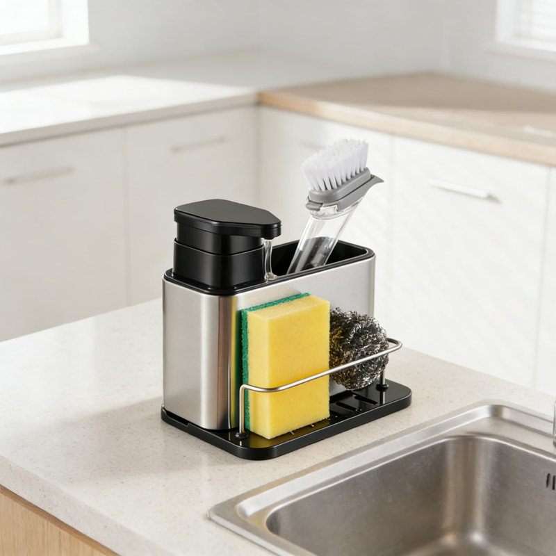 Distributeur de savon 3 en 1 et organisateur d'évier avec porte-éponge, support pour évier de cuisine et de salle de bain en acier inoxydable