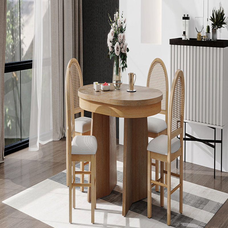5-Piece Round Dining Table Set For 4 People, Retro  Dining Table Set With 4 Upholstered Chairs, Kitchen Table And Chairs Set, Extendable