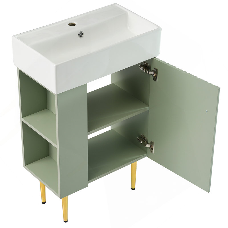 Meuble-lavabo vert 21,6 po, armoire combinée, meuble de rangement pour salle de bain, lavabo simple en céramique, rangement à gauche