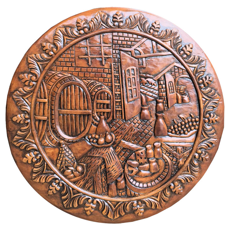 Rustic Round Oak Wood Winery Scene Wall Plaque