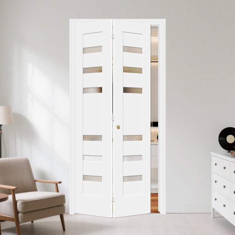 Petite porte pliante en bois manufacturé en verre massif givré de 79 po de hauteur 79 po avec quincaillerie d'installation pour une hauteur d'ouverture de porte de 80 po