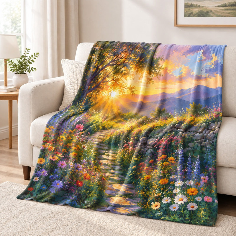 Scenic Mountain Sunrise Blanket - Vibrant Wildflowers, Stone Path, Sunbeam Effect, Artistic Landscape, Decorative, Cozy, Lightweight, Breathable, All-Season, Skin-Friendly, Machine Washable, for Sofa, Couch, Living Room and Bedroom