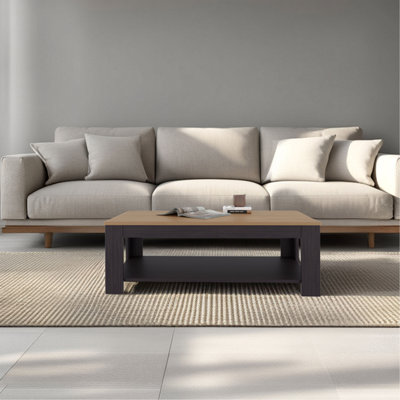 Table basse H 16,2 po, 1 tablette, wengé noir / chêne naturel - salon