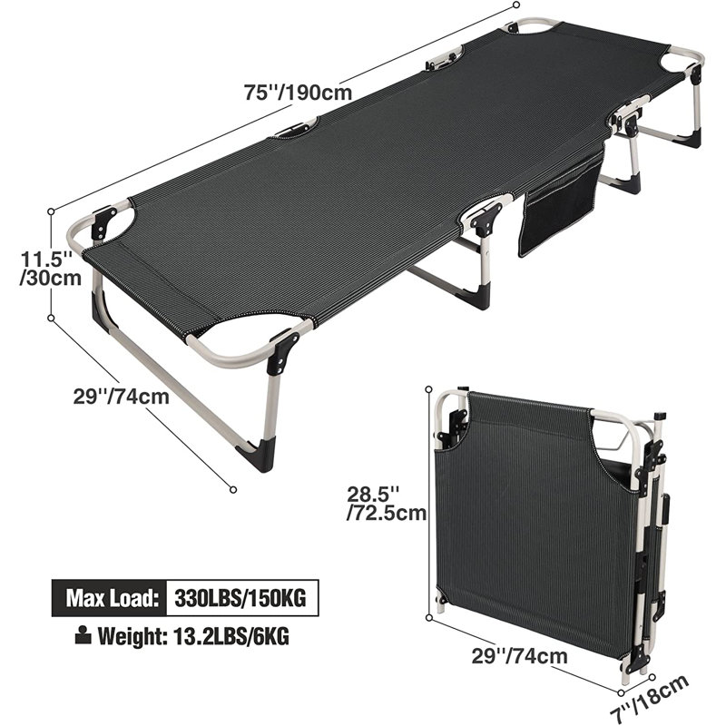 Portable Folding Camping Cot Adjustable 4-Position Reclining Sleeping Cot with Pillow, Black