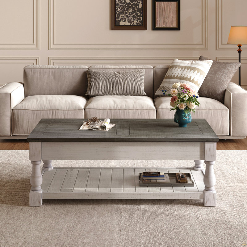 Table basse à plateau relevable avec tablette fixe, plateau de table en bois massif, 3 plateaux de rangement cachés, table à deux niveaux gris antique et blanc vieilli pour le salon