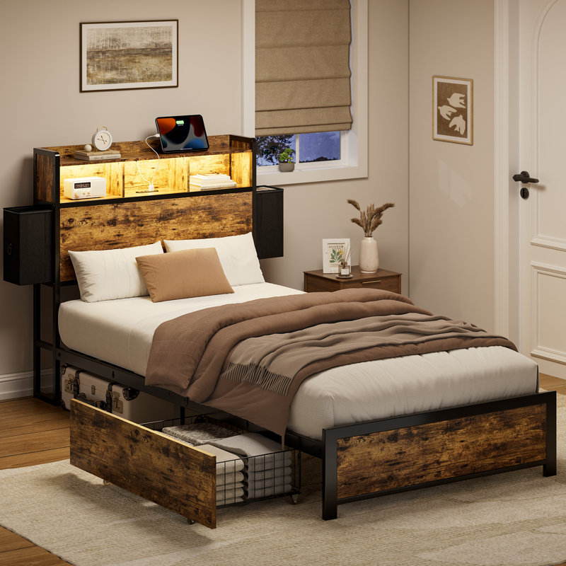 Lit simple Livia avec 2 tiroirs sous le lit, lit plateforme moderne avec station de recharge et lampe à DEL, tête de lit avec rangement, 2 tiroirs de chevet et étagères ouvertes, brun rustique
