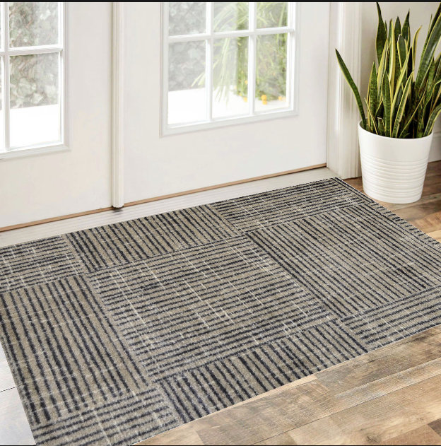 Modern Geo Lines in Squares Washable Floor Mat, Rectangle 2'4" x 3'11"