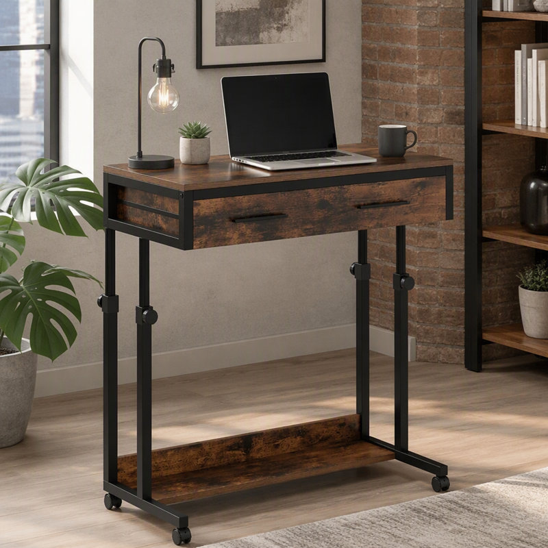 Table de bureau, bureau compact avec roues, bureau d'écriture à hauteur réglable, table basse mobile
