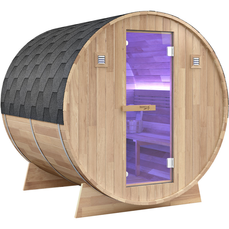 4-6-Person Outdoor White Cedar Barrel Wet Sauna With 6Kw TOULE Rock Heater, Tempered Glass Door And Chromatherapy Lights