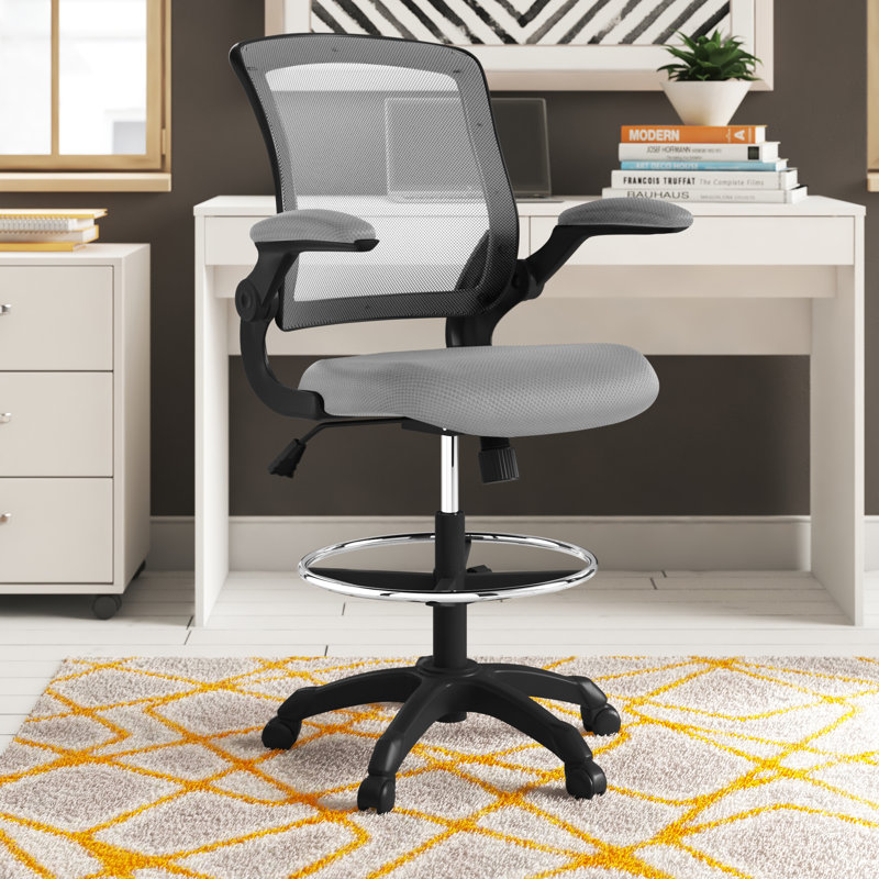 Gray Mesh Adjustable Swivel Drafting Stool with Flip-Up Arms