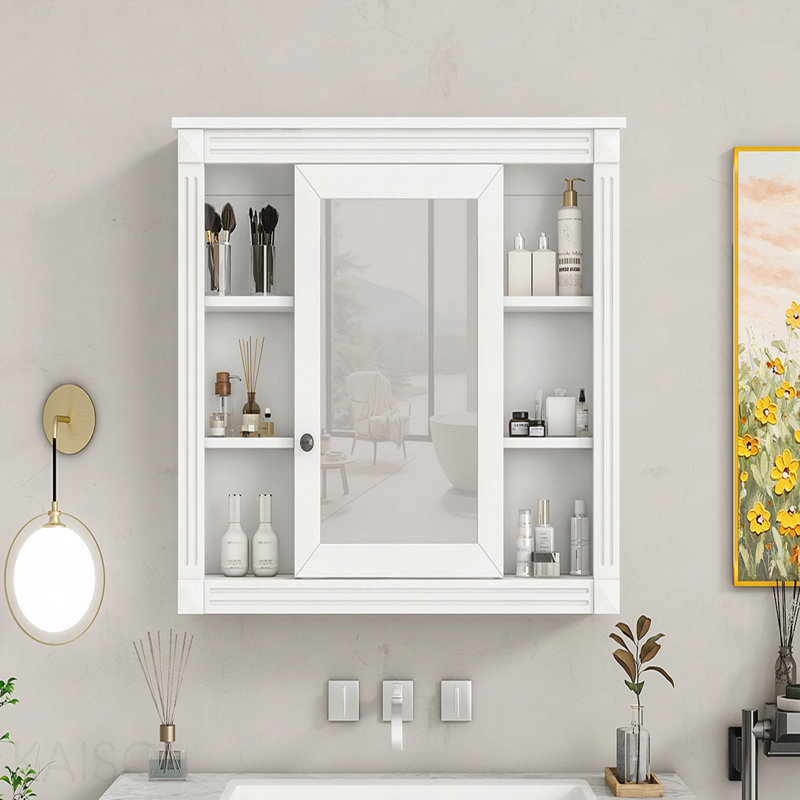 35" X 28" Wall Mounted Bathroom Mirror Cabinet with Open Shelves - White, White