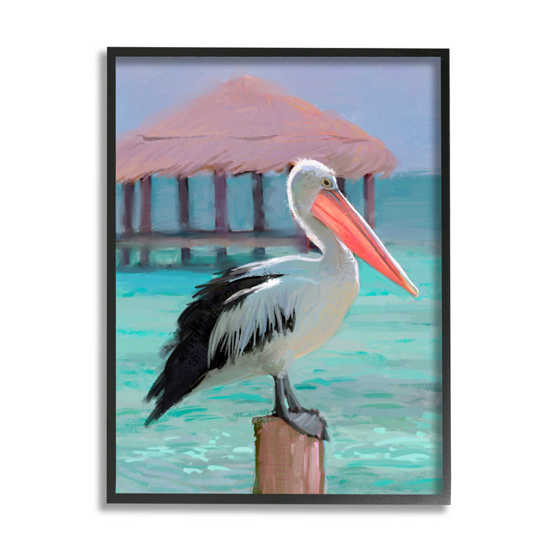 Art mural texturé texturé à motif de pélican tropical perché par Ziwei Li, Giclée encadrée noir minuit