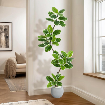 Artificial Fiddle Leaf Fig Tree, Fake Plant with Gray Pot, Large Plastic Greenery for Indoor and Outdoor Home, Living Room, Bedroom, Office Décor