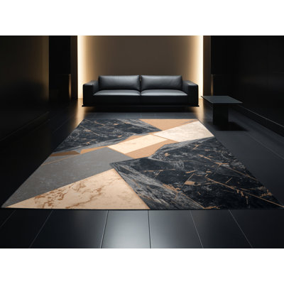 Machine Washable Carlstadt Modern Rustic Geometric Rug in Black – Black Binding