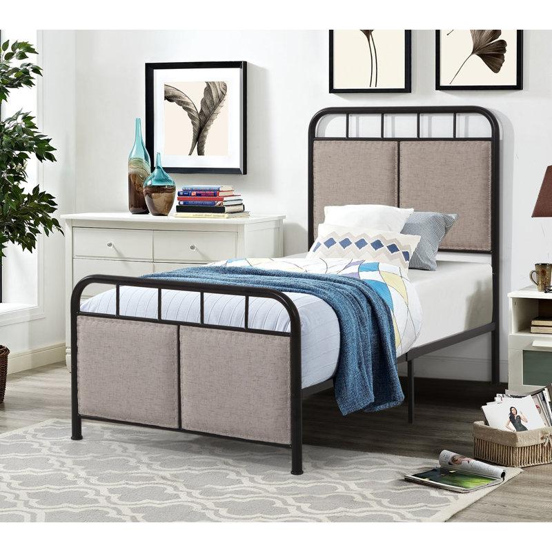 Base de lit simple tapissier en lin avec tête de lit et pied de lit en tissu, Taupe