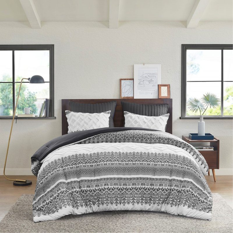 Ensemble d'édredon en coton 3 pièces avec capitonnage en chenille, Édredon très grand + 2 taies décoratives, Gris