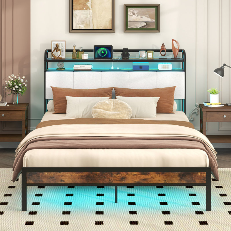 Bed Frame w/LED Light & Charging Station Heavy Duty Metal Platform Bed, Queen