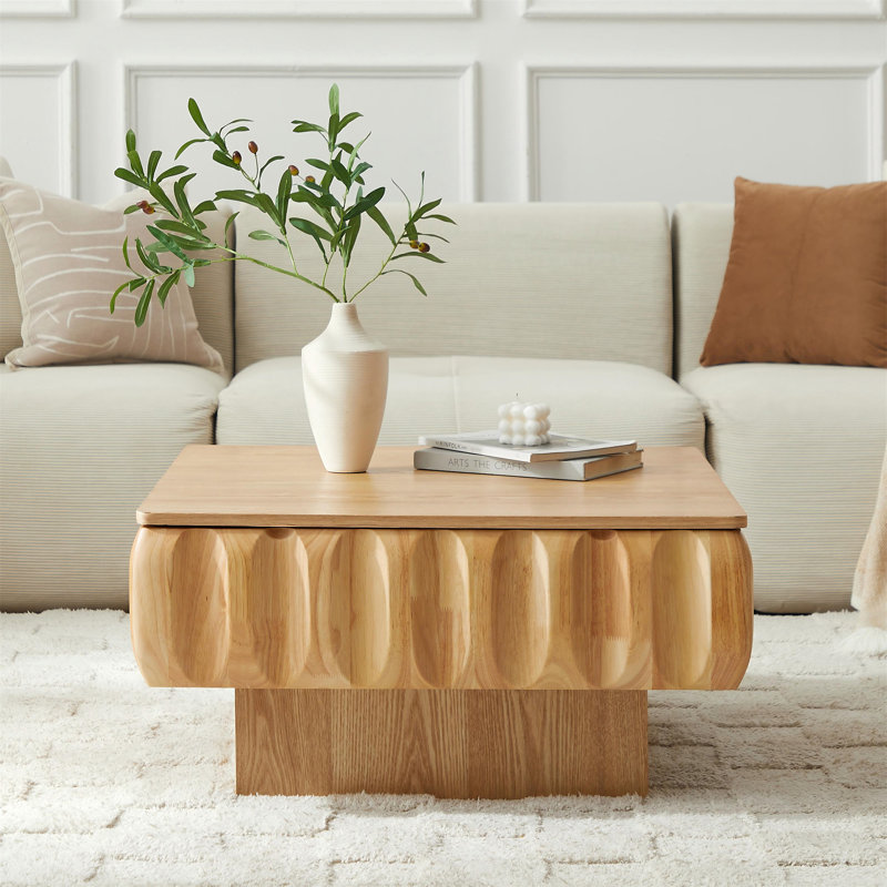 Table basse carrée à plateau relevable avec structure en bois massif et rangement caché, Bois naturel