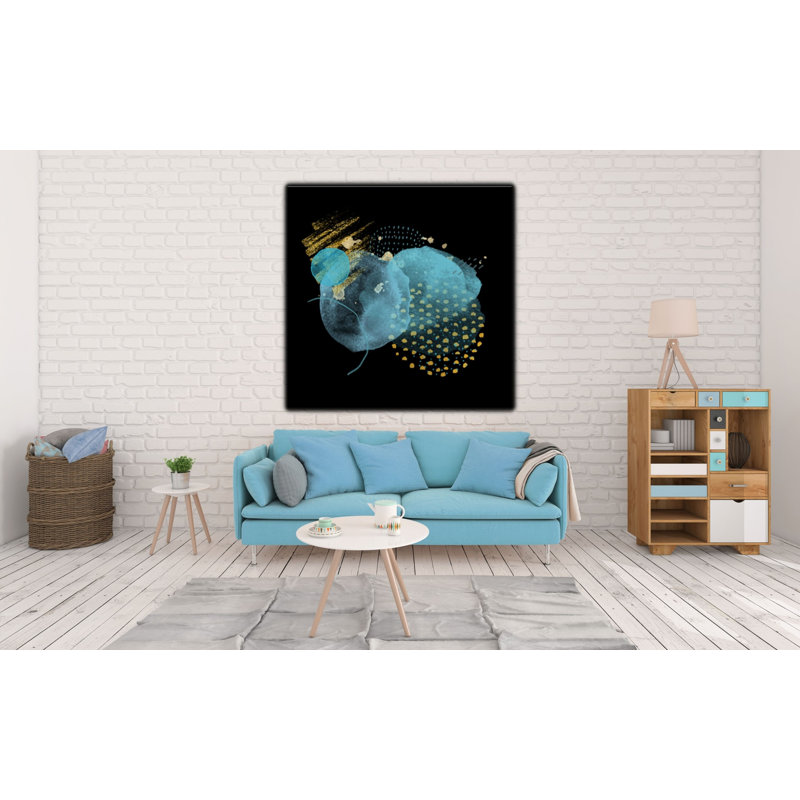 Abstraction In Blue And Gold - Wrapped Canvas Painting, 100cm H x 100cm W