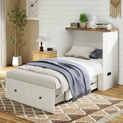 Wilkinson Farmhouse Twin Murphy Bed With Large Storage Drawer & Charging Station, White
