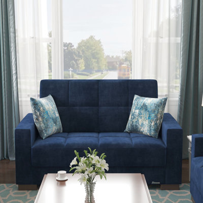 Microfibre bleue avec rangement intégré. Polyvalent et fonctionnel. Facile à assembler. Convient aux petits espaces. Qualité fabriquée en Turquie. Capacité de poids de 600 lb Coussins confortables. Nettoyage des taches recommandé