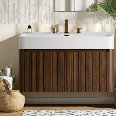 Modern Vanities(Must include both Vanity Cabinet  and Sink) with Storage, 24 Inch Walnut Wood Floating Vanity