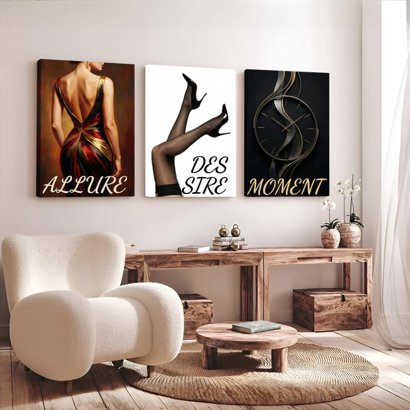 Ensemble de 3 toiles murales « Allure Desire Moment » pour la décoration du salon et de la chambre, H 36 po x l 72 po