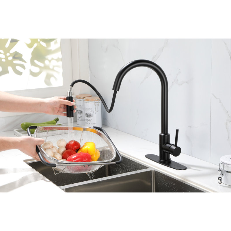 Robinet de cuisine noir mat avec tête de pulvérisation rétractable - acier inoxydable, buse rotative à 360 °, revêtement anticorrosion et antirouille, poignée simple pour une régulation facile du débit d'eau