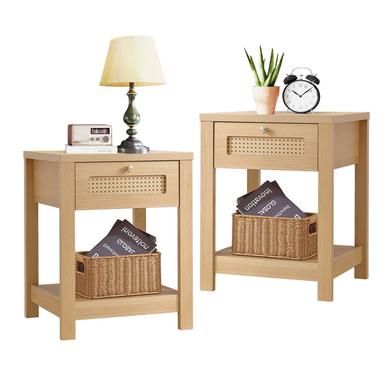 Boho Nightstand with Drawer and Shelf, Natural