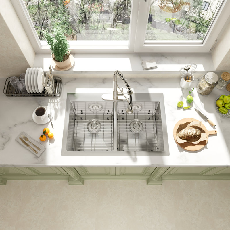 33"L x 22"W Double Bowl Stainless Steel Drop-In Kitchen Sink with 1 Faucet Hole
