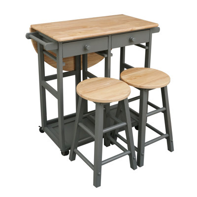 Chariot-repas 4 pièces en bois franc avec 2 tabourets gigognes en bois, gris