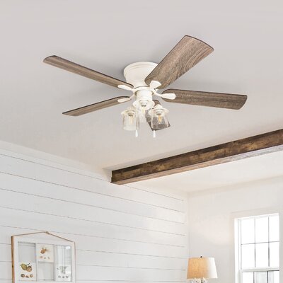 52"" Olcay Â  5 - Blade Flush Mount Ceiling Fan with Pull Chain and Light Kit Included -  Breakwater Bay, 652AAB989F5C4DE08CE41279ECF1A262