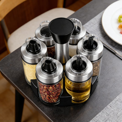 360-Degree Rotating Spice Rack Set With 6 Glass Bottles And Stainless Steel Holder - Premium Condiment Dispenser For Oil, Vinegar, Salt, Pepper, And Soy Sauce