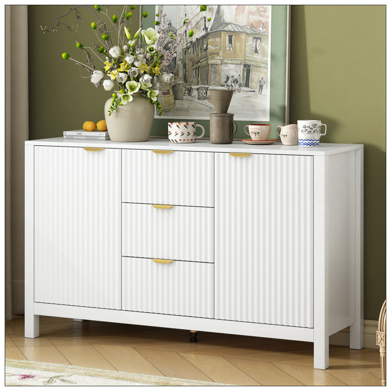 Buffet à motif ondulé - 3 tablettes réglables, 3 tiroirs et portes à fermeture en douceur, console de rangement avec poignées en métal, convient pour le bureau, le couloir et le salon, 3 couleurs
