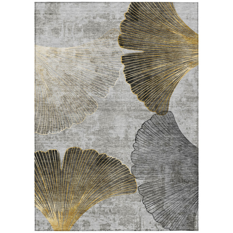 Tapis extérieur lavable floral gris anthracite et argent 5 pi x 8 pi