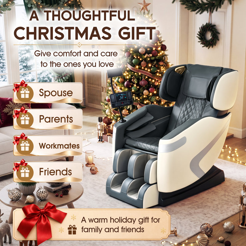 Leather Power Reclining Heated Massage Chair, White Grey