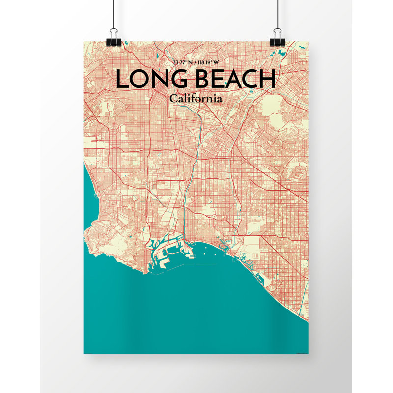 «Long Beach City Map», reproduction d'impression sur affiche en beige, H 17 po x l 11 po