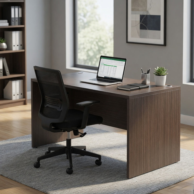 Coquille de bureau Nea, plateau de bureau 48 pouces, bois gris fumé Driftwood, Bois flotté gris fumée