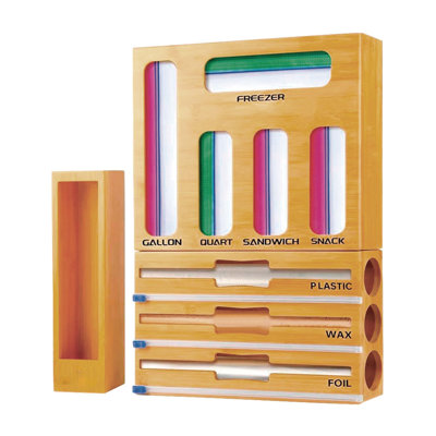 Drawer Organizer For Ziplock Bags And Foil – 9 In 1 Ziplock Bag Storage Organizer Plastic Wrap Dispenser – Wall Mountable Bamboo Drawer Organizer Bag
