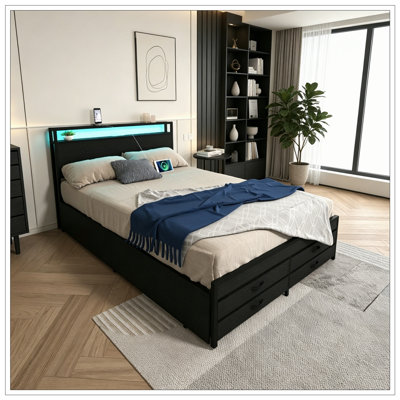 Full Size Bed Frame with 8 Storage Drawers, LED Headboard and Charging Station