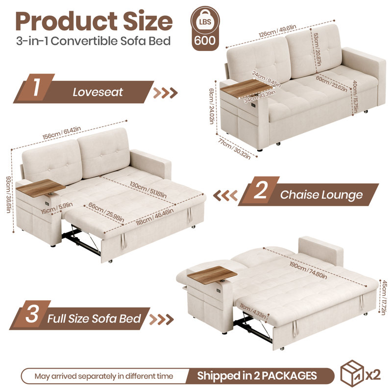 2 Seater Chenille Sofa Bed, Beige