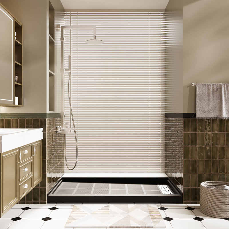 60" W X 34" D Single Threshold Shower Pan Base With Drain Cover Included, Non-slip, Right, Matte Black