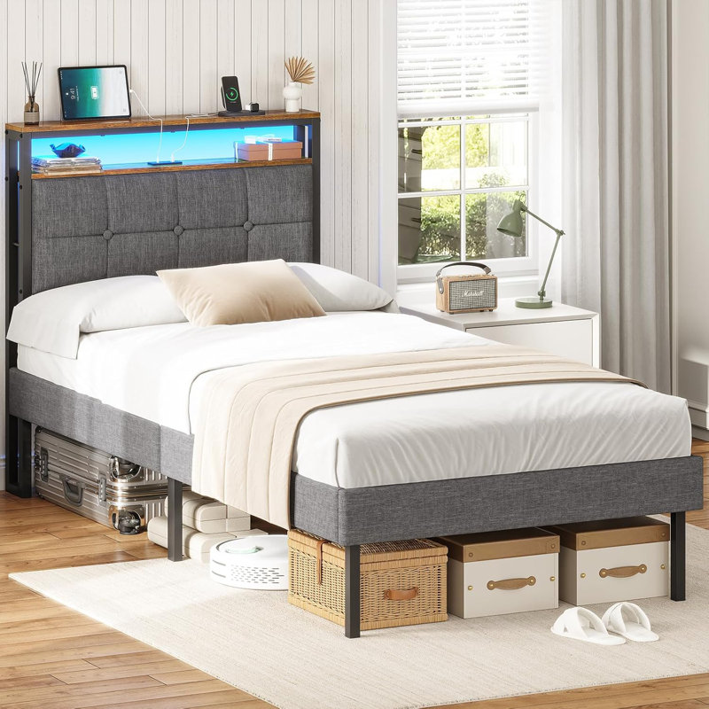 Upholstered Bed Frame With LED Lights & Charging Station Metal Bed Frame with Upholstered Storage Headboard/Under Bed Storage/Noise Free