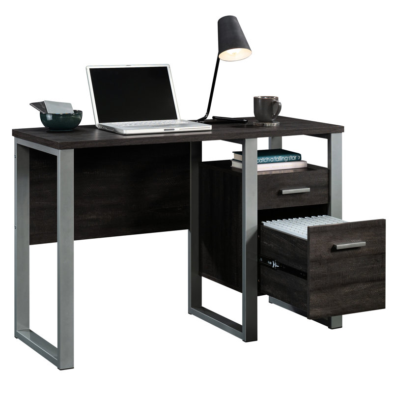 Bureau brun foncé pour atelier de loisirs créatifs et bureau, design compact à un seul piétement, tiroir de rangement avec butées métalliques, structure moderne noire et argentée, tiroir à fermeture fluide, 114 cm de long, 46 cm de hauteur