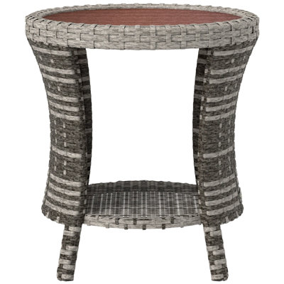 18 Inch Wicker Outdoor Coffee Table, Pe Rattan Patio Side Table With 2-tier Storage Shelf & Composite Wood Top, Balcony Furniture