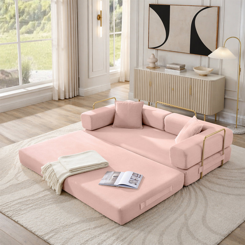 Canapé-lit modulaire en velours côtelé avec accoudoirs mobiles et sans assemblage, Pink Corduroy, Pink
