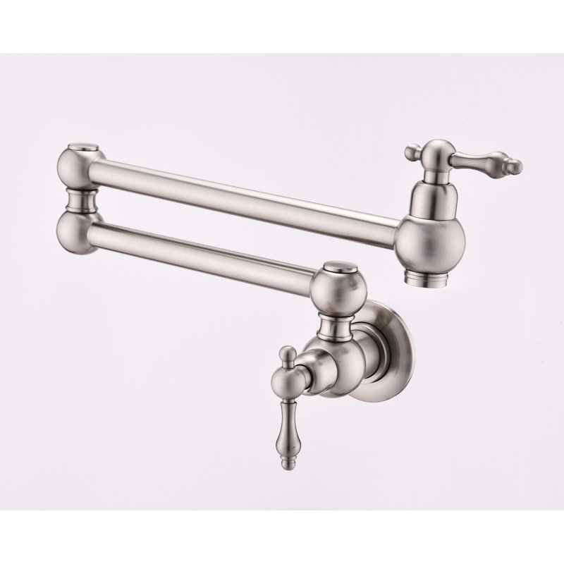 Pot Filler Faucet Wall Mount In Brushed Nickel, Double Handles For Optimal Water Management And Control, Covering, Quiet Splash- Stream Nickel Mount, Arm Facilitates Usage, Leakage, Material